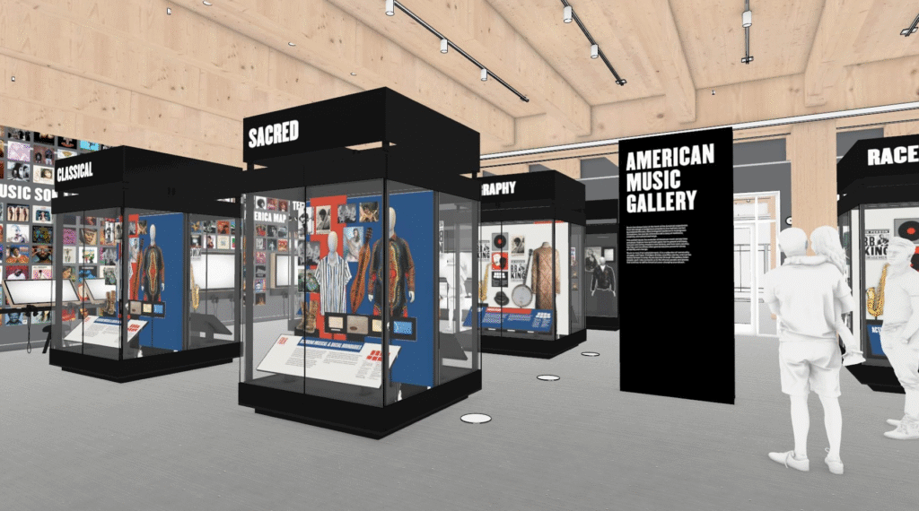 Rendering of a modern museum exhibit featuring labeled sections such as Sacred, Rap, Classical, and Race, with display cases and informational panels; two figures stand observing.