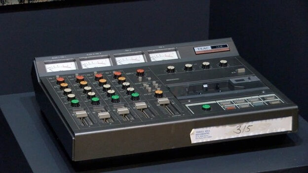 The TEAC recorder Bruce Springsteen used to record Nebraska is currently on display in our “Music America” traveling exhibit, installed at the George H. W. Bush Presidential Library and Museum in College Station, Texas, through early January. (Pictured here photographed while in our “Springsteen: His Hometown” exhibit at the Monmouth County Historical Association in Freehold, New Jersey in 2019. Courtesy Thomas Costello / Asbury Park Press.)