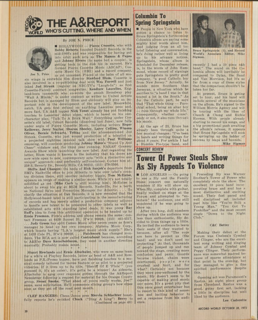 Article in a scrapbook kept by Bruce’s mother, Adele, refuting the now famous Bob Dylan references.