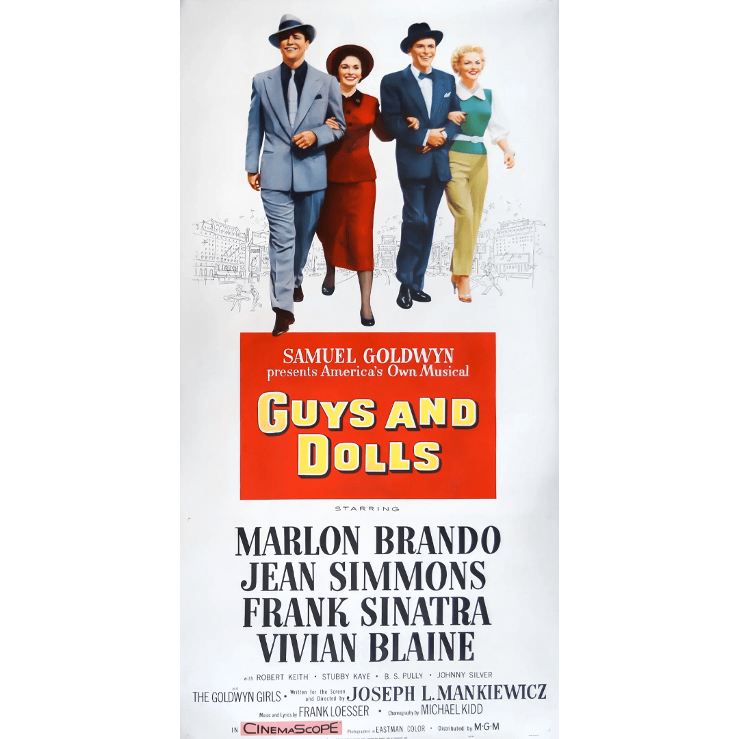 Vintage "Guys and Dolls" movie poster featuring four elegantly dressed characters walking. Prominent text displays the film's title and famous cast names.