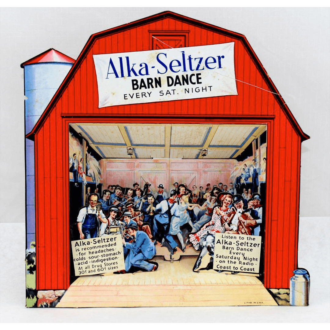 A lively vintage scene of people dancing inside a red barn, advertising the "Alka-Seltzer Barn Dance" on a Saturday night. Joyful, energetic atmosphere.