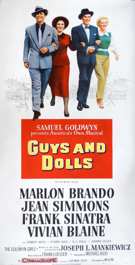 Vintage "Guys and Dolls" movie poster featuring four elegantly dressed characters walking. Prominent text displays the film's title and famous cast names.