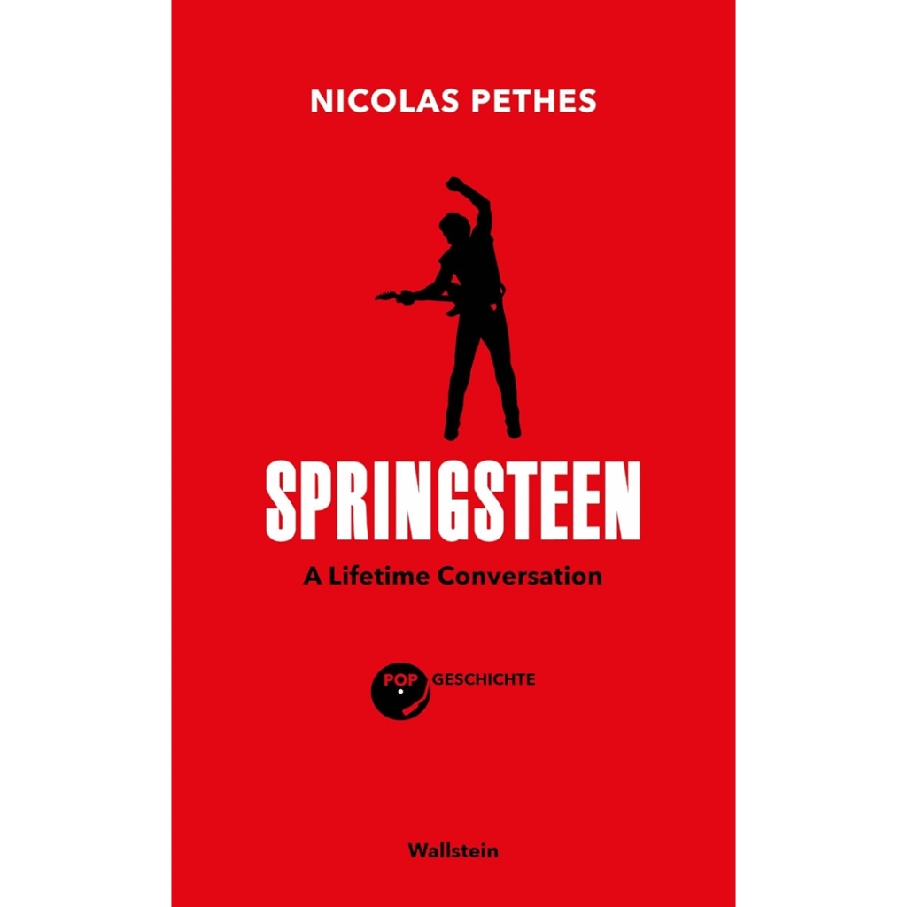 Red book cover with a silhouette of a guitarist centered. Large white text reads "Springsteen" with smaller text, "A Lifetime Conversation." Bold and dynamic tone.