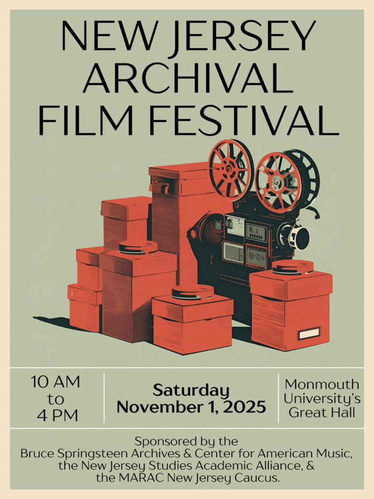 Poster for the New Jersey Archival Film Festival featuring a vintage red film projector and reels. Event on November 1, 2025, at Monmouth University.