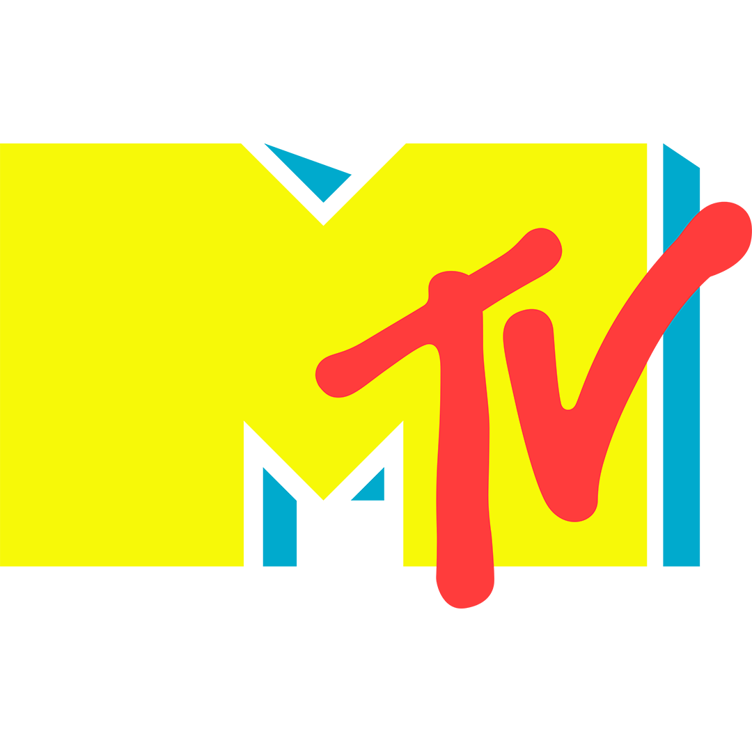 Bold yellow "M" with a red "tv" overlay, highlighted by blue accents against a black background, conveying a vibrant, youthful energy.