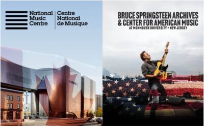 Canadian Center of Music building alongside Bruce Springsteen holding a guitar with an American flag behind him and a sky filled with white clouds